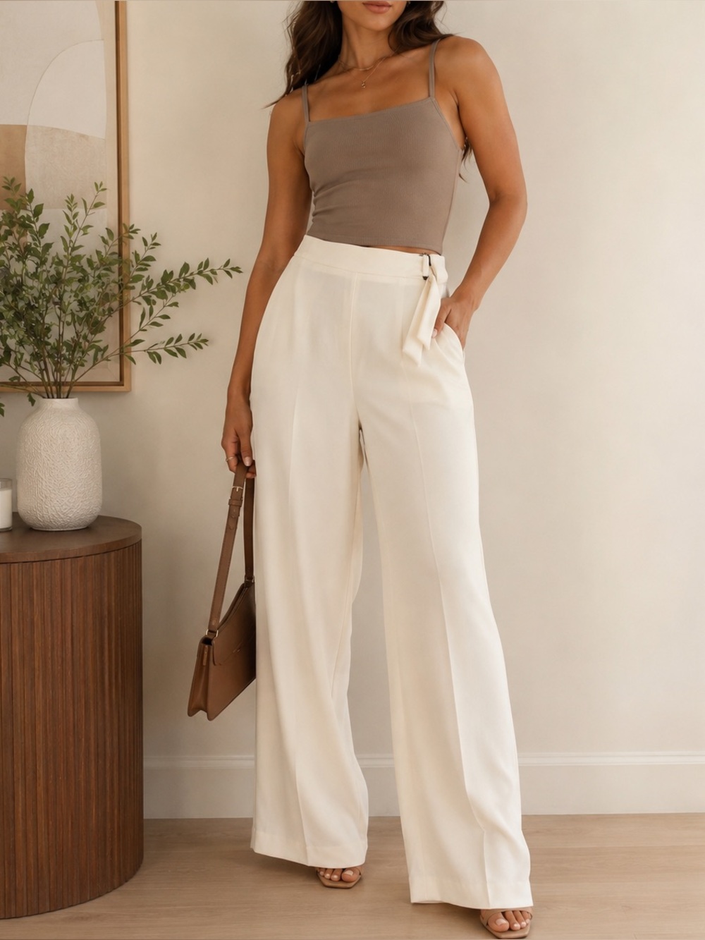 Cache Ivory Wide Leg Pants Size 8 Bow Detail High Rise Career Wedding